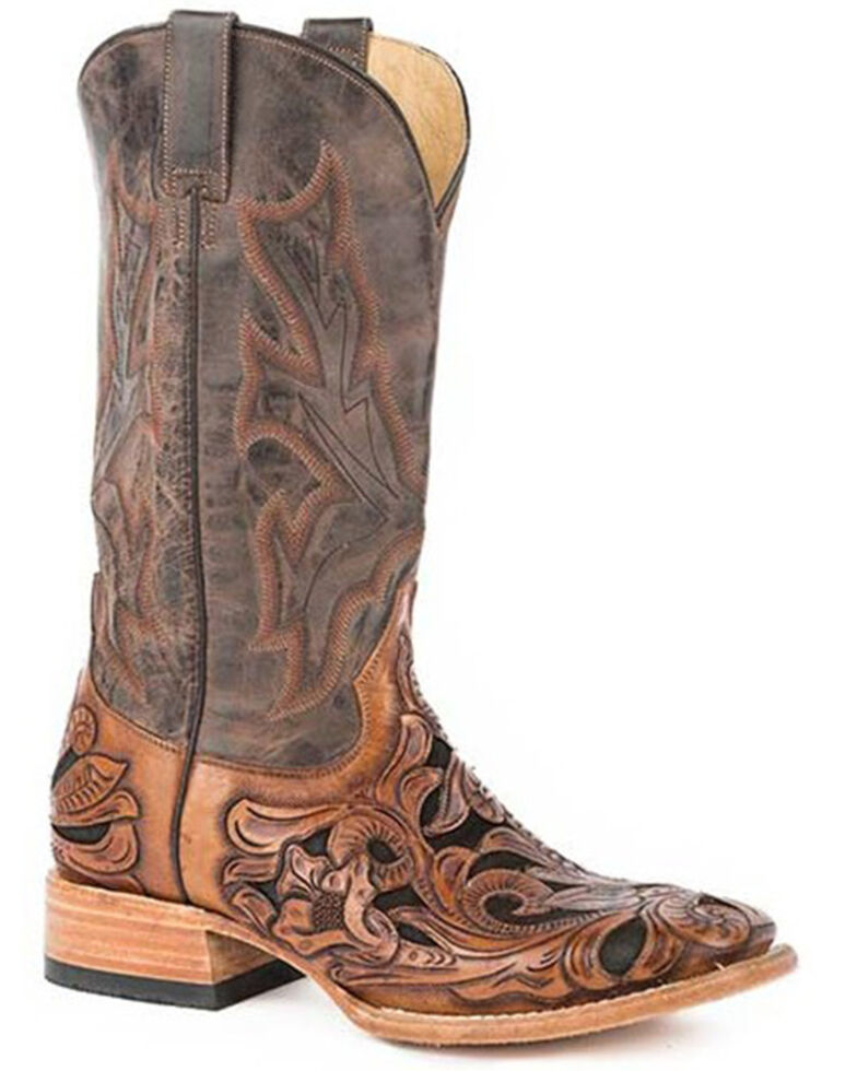 Stetson Men's Handtooled Wicks Inlay Western Boots - Wide Square Toe , Brown, hi-res