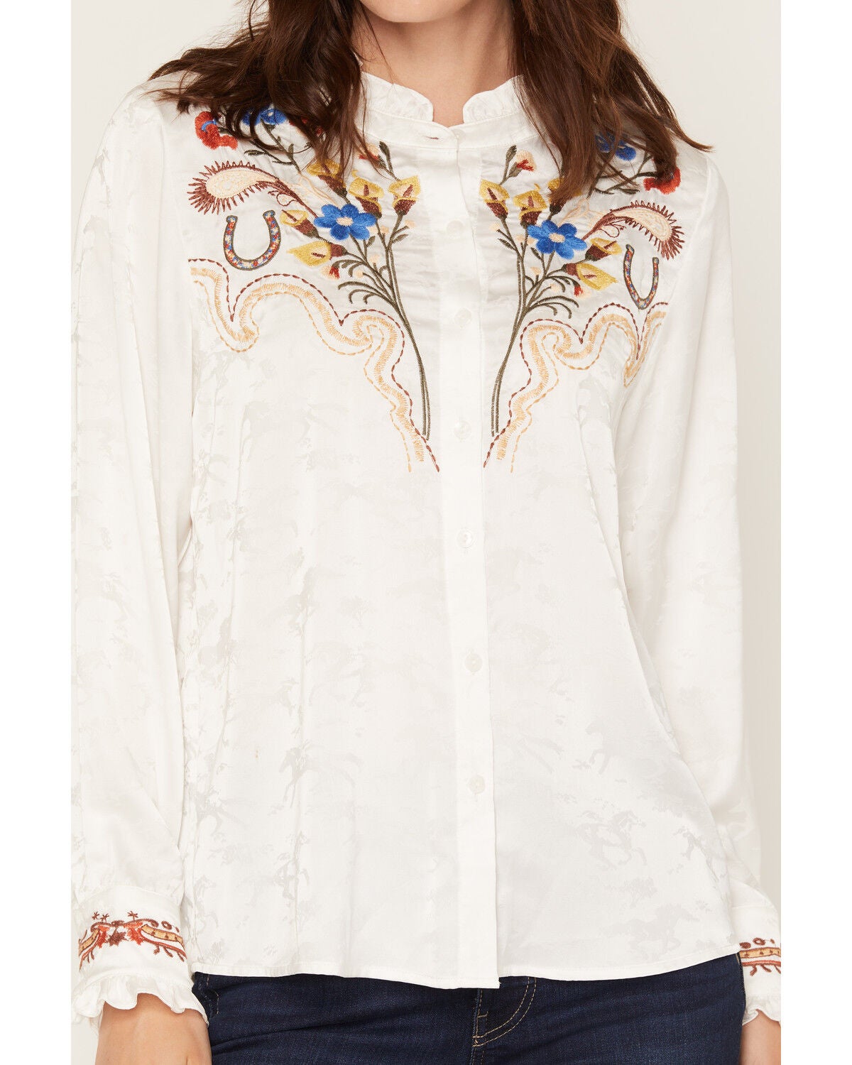 Image #3 - Wild Moss Women's Embroidered Button-Down Long Sleeve Top, White, hi-res