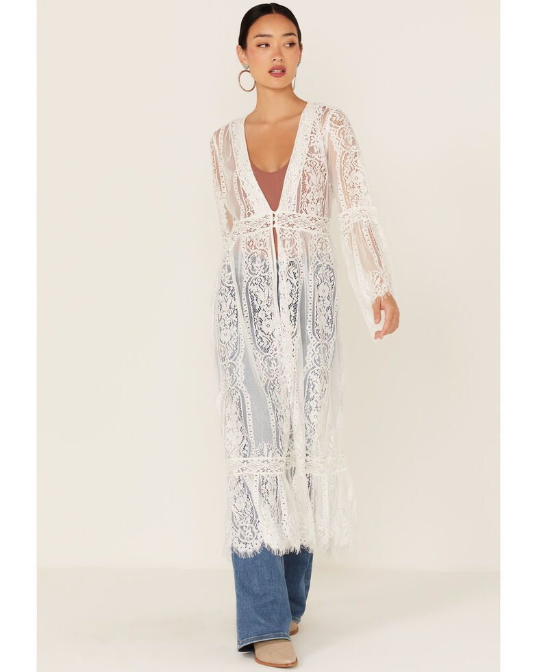 Miss Me Women's Lace Bell Sleeve Duster Kimono, White, hi-res
