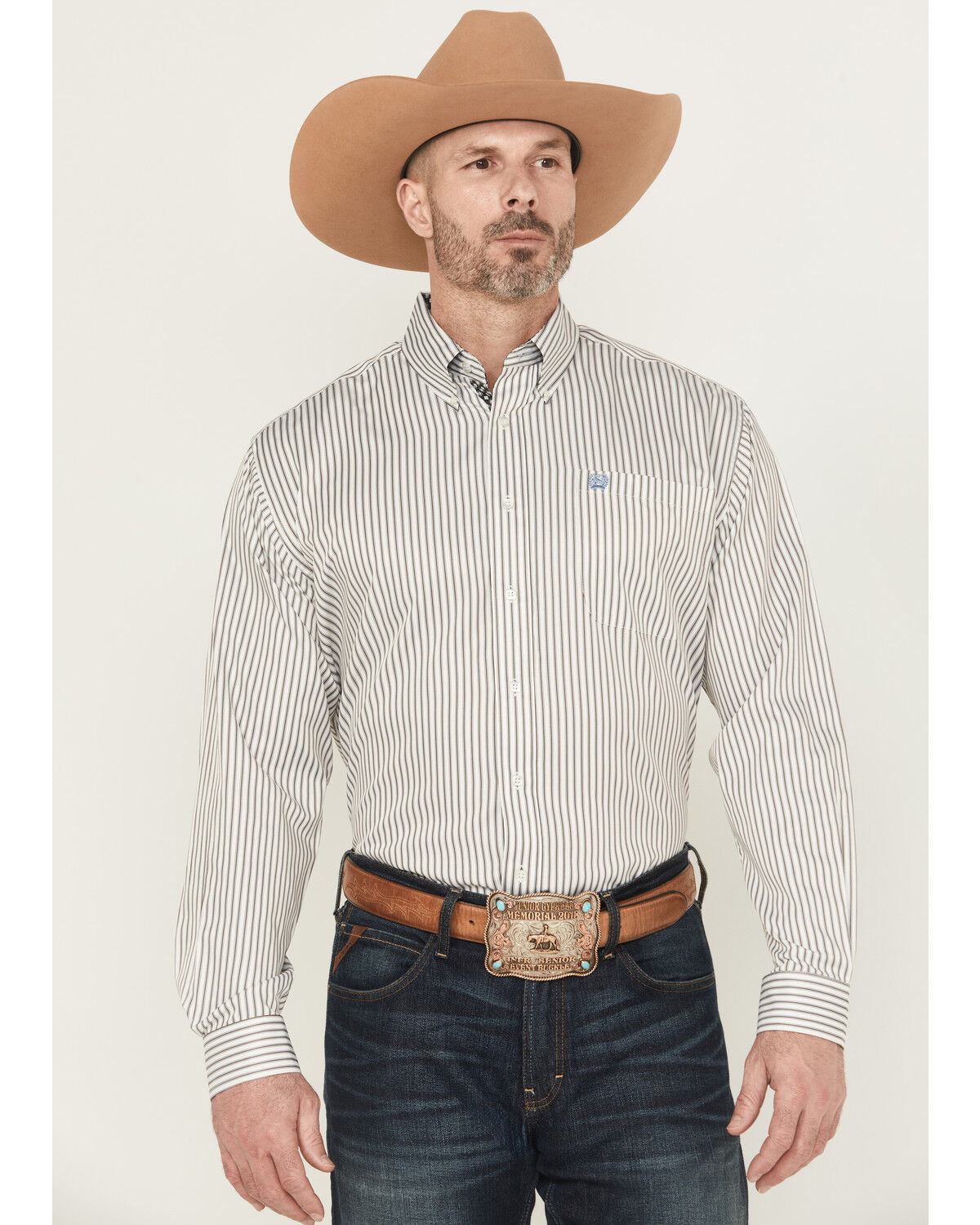 Image #1 - Cinch Men's Striped Print Long Sleeve Button-Down Western Shirt, Cream, hi-res