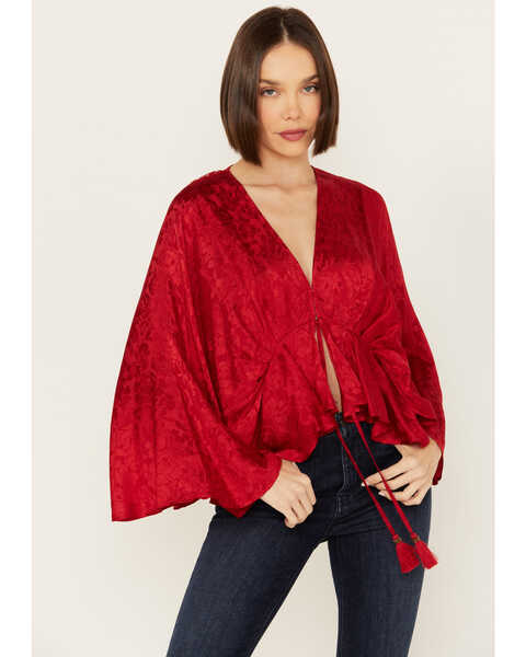 Image #1 - Band of the Free Women's Nahara Long Sleeve Self Tie Top , Red, hi-res