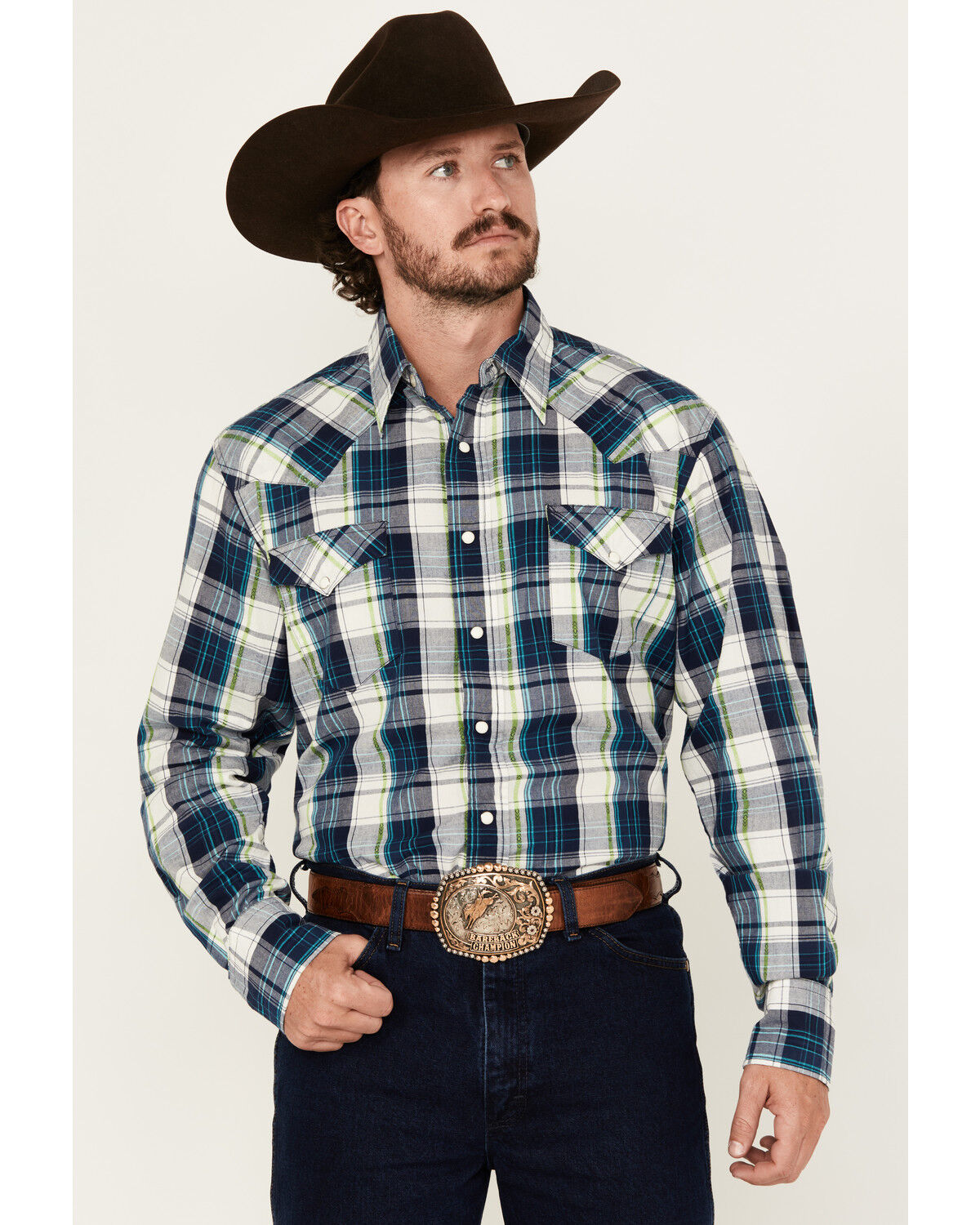 Image #1 - Roper Men's West Made Plaid Print Long Sleeve Snap Western Shirt, Blue, hi-res