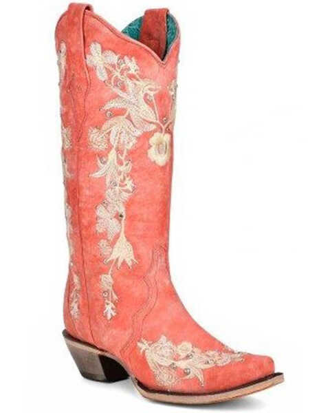 Corral Women's Floral Embroidered Crystal Stud Western Tall Boots - Snip Toe, Coral, hi-res
