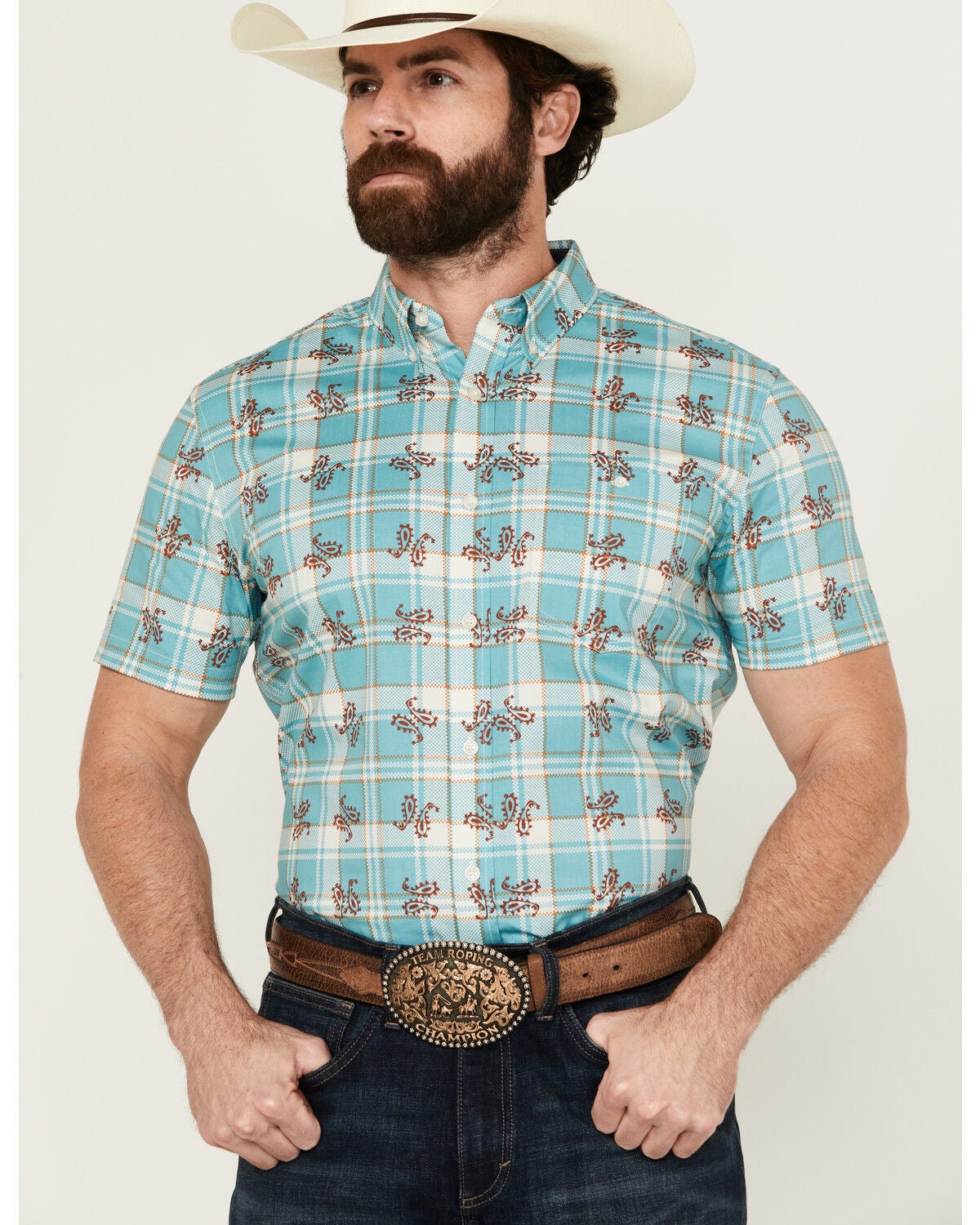 RANK 45&reg; Men's Folklore Plaid Print Short Sleeve Button-Down Performance Stretch Western Shirt, Teal, hi-res