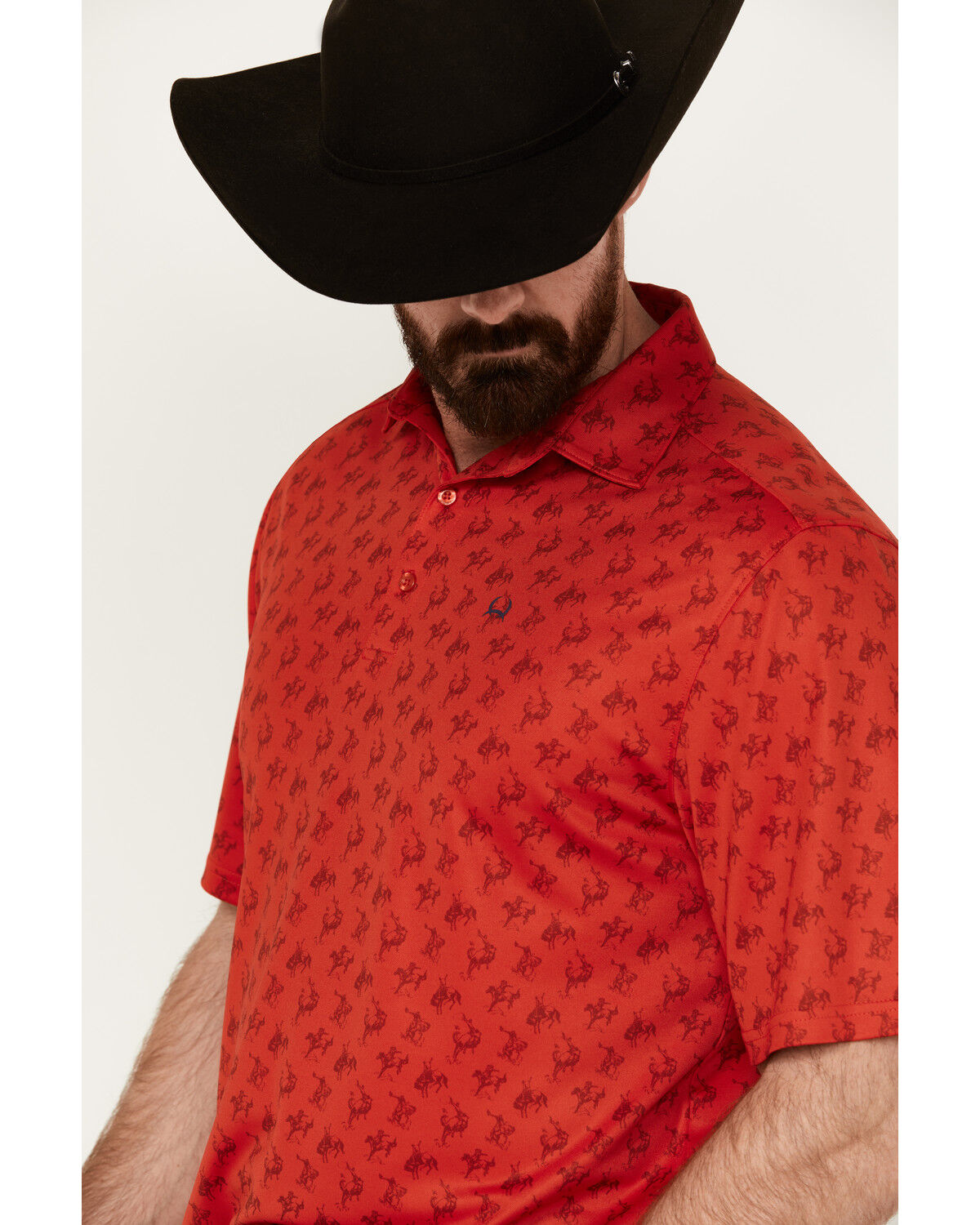 Image #2 - Cinch Men's ARENAFLEX® Cowboy Print Short Sleeve Performance Polo, Red, hi-res