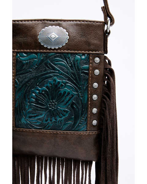 Shyanne Women's Cassidy Tooled Crossbody Bag, Chocolate/turquoise, hi-res