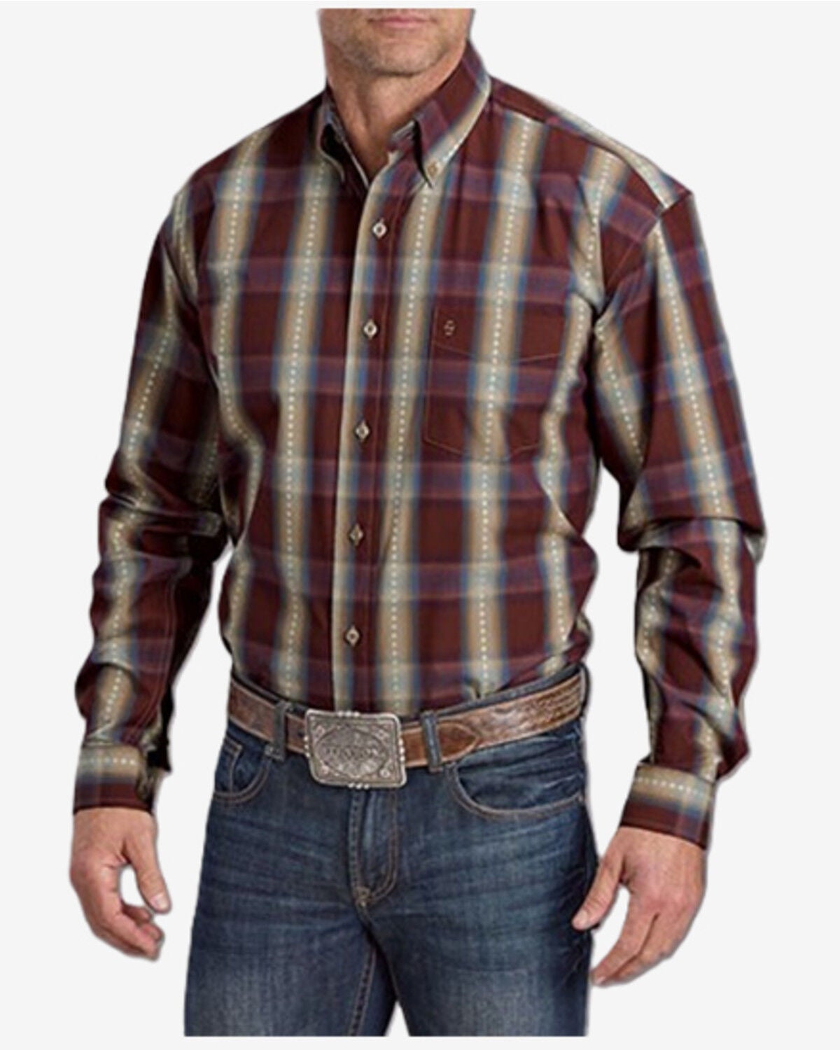 Image #1 - Stetson Men's Dobby Plaid Print Long Sleeve Button-Down Western Shirt, Wine, hi-res