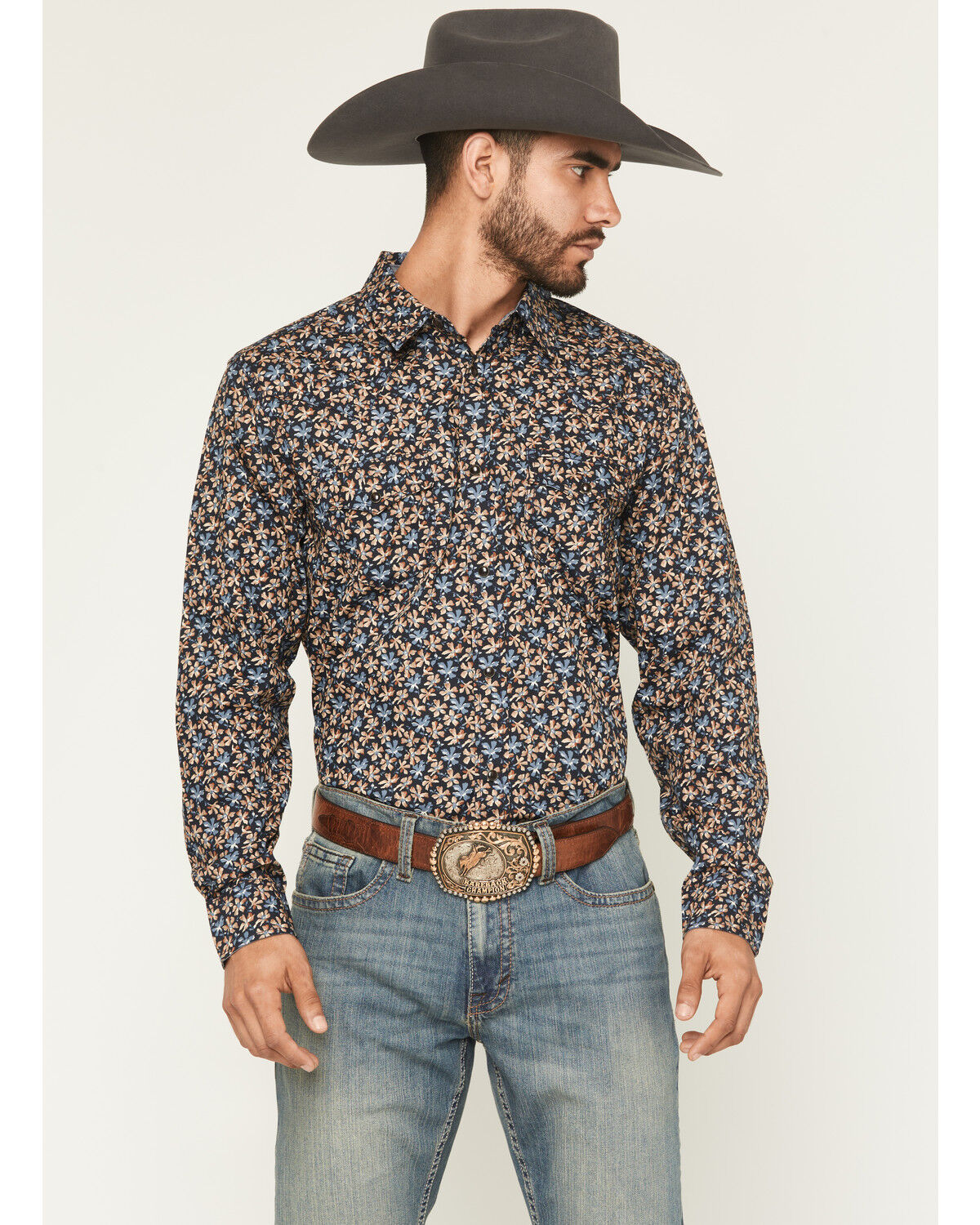 Image #1 - Cody James Men's Howdy Haven Floral Print Long Sleeve Snap Western Shirt, Blue, hi-res