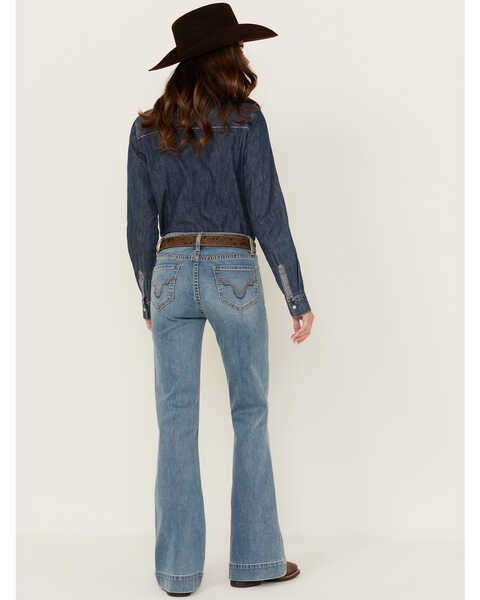 Rock & Roll Denim Women's Light Wash Mid Rise Embroidered Trouser Stretch Denim Jeans , Light Wash, hi-res