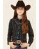 Roper Girls' Windowpane Plaid Print Fancy Yoke Long Sleeve Pearl Snap Western Shirt  , Brown, hi-res
