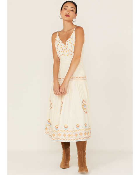 Miss Me Women's Southwestern Embroidered Tiered Midi Dress, Cream, hi-res