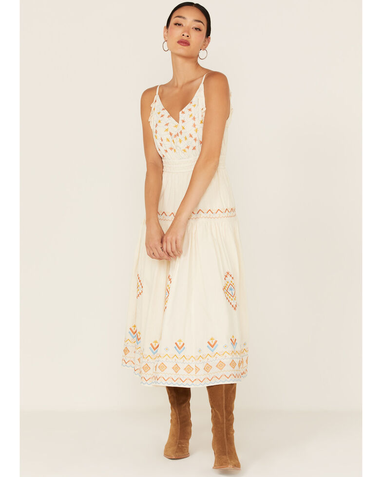Miss Me Women's Southwestern Embroidered Tiered Midi Dress, Cream, hi-res
