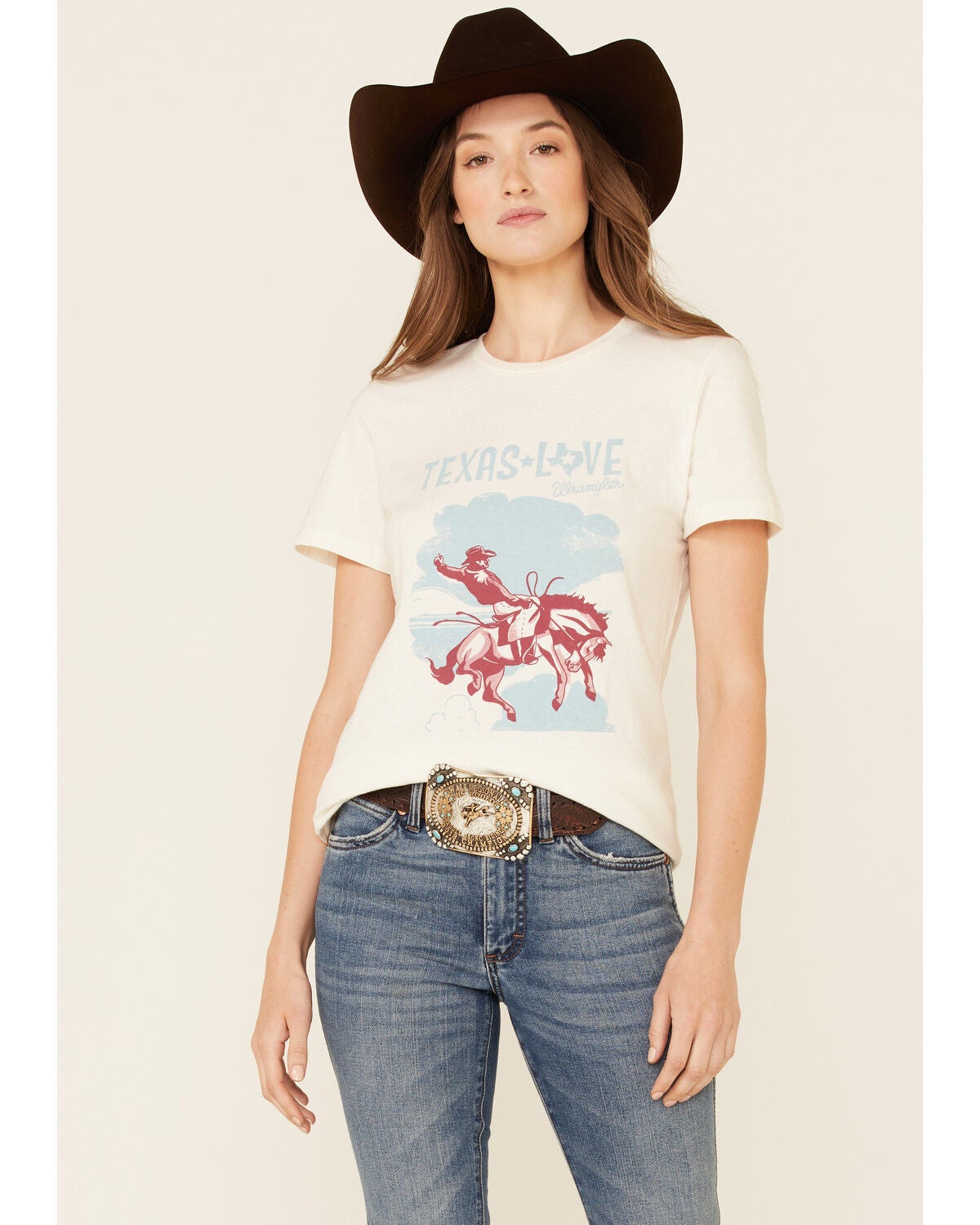 Wrangler Women's Texas Logo Bucking Graphic Short Sleeve Tee, White, hi-res