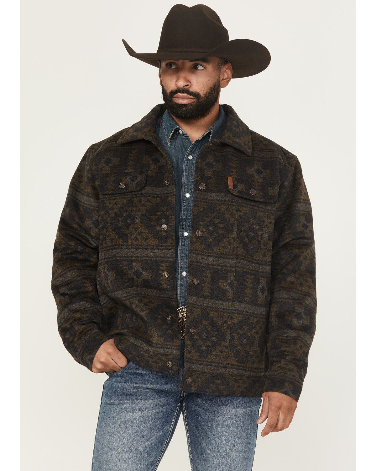 Image #1 - Cinch Men's Southwestern Print Trucker Snap Jacket, Charcoal, hi-res