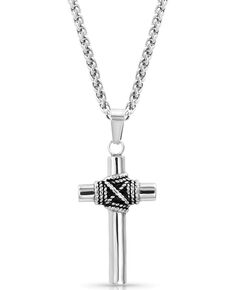 Montana Silversmiths Men's Rope Wrapped Cross Necklace, Silver, hi-res