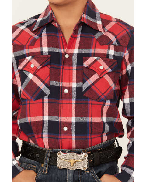 Image #3 - Ely Walker Boys' Plaid Print Brushed Flannel Long Sleeve Pearl Snap Western Shirt, Red, hi-res