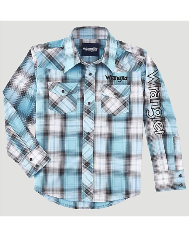 Wrangler Boys' Logo Plaid Long Sleeve Western Snap Shirt , Blue, hi-res