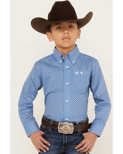 Wrangler Boys' Geo Print Long Sleeve Button-Down Shirt, Blue, hi-res