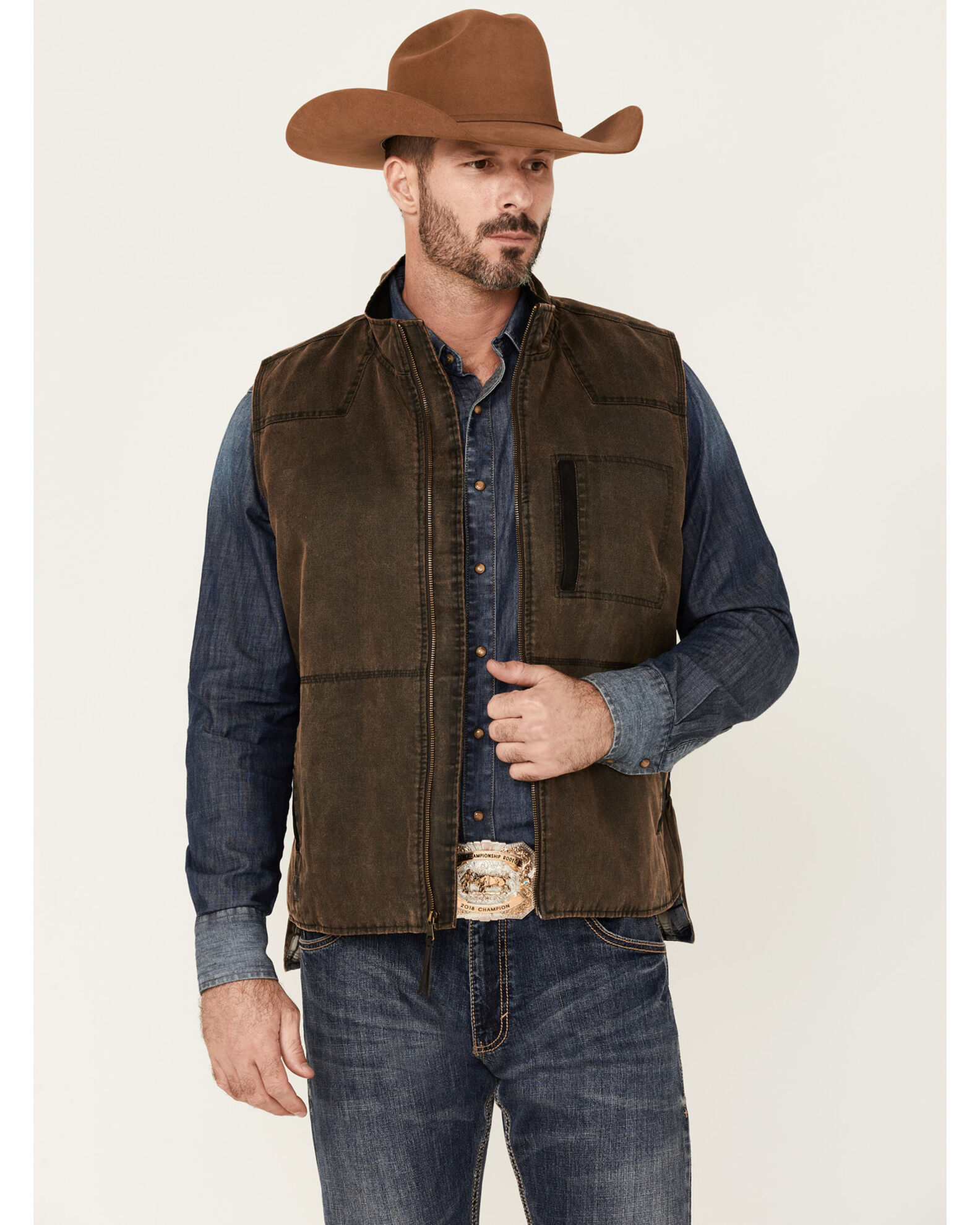 Product Name: Cody James Men's Brown Pioneer Oilskin Flannel-Lined  Zip-Front Vest