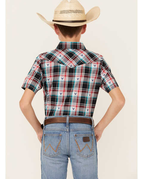 Image #4 - Cody James Boys' Steerhead Plaid Print Short Sleeve Snap Western Shirt , Navy, hi-res