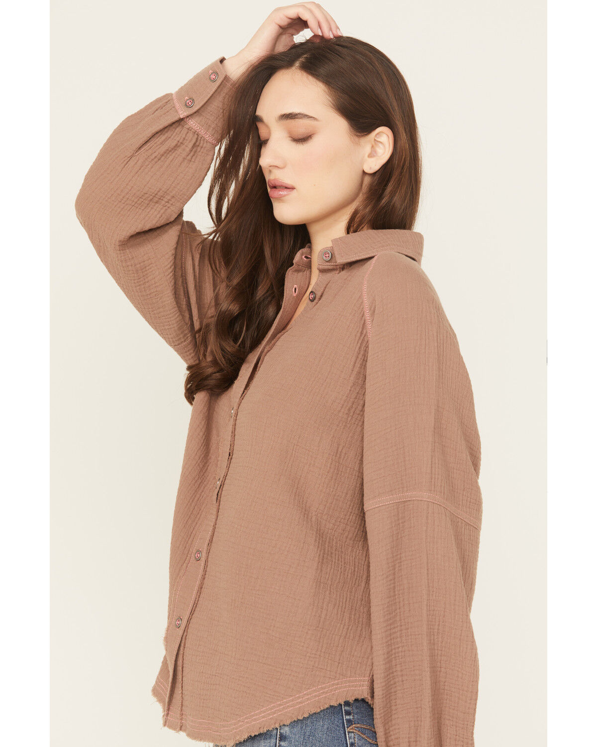Image #2 - Cleo + Wolf Women's Oversized Long Sleeve Button-Down Gauze Western Shirt, Taupe, hi-res