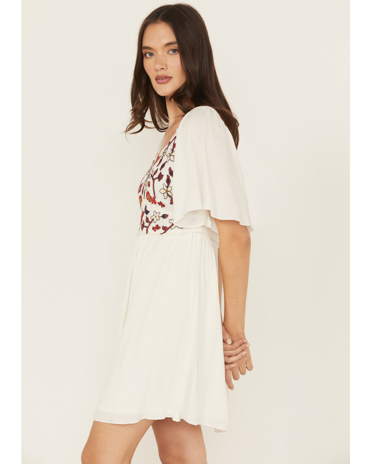 Image #3 - Shyanne Women's Embroidered Crinkle Flutter Sleeve Mini Dress, Ivory, hi-res