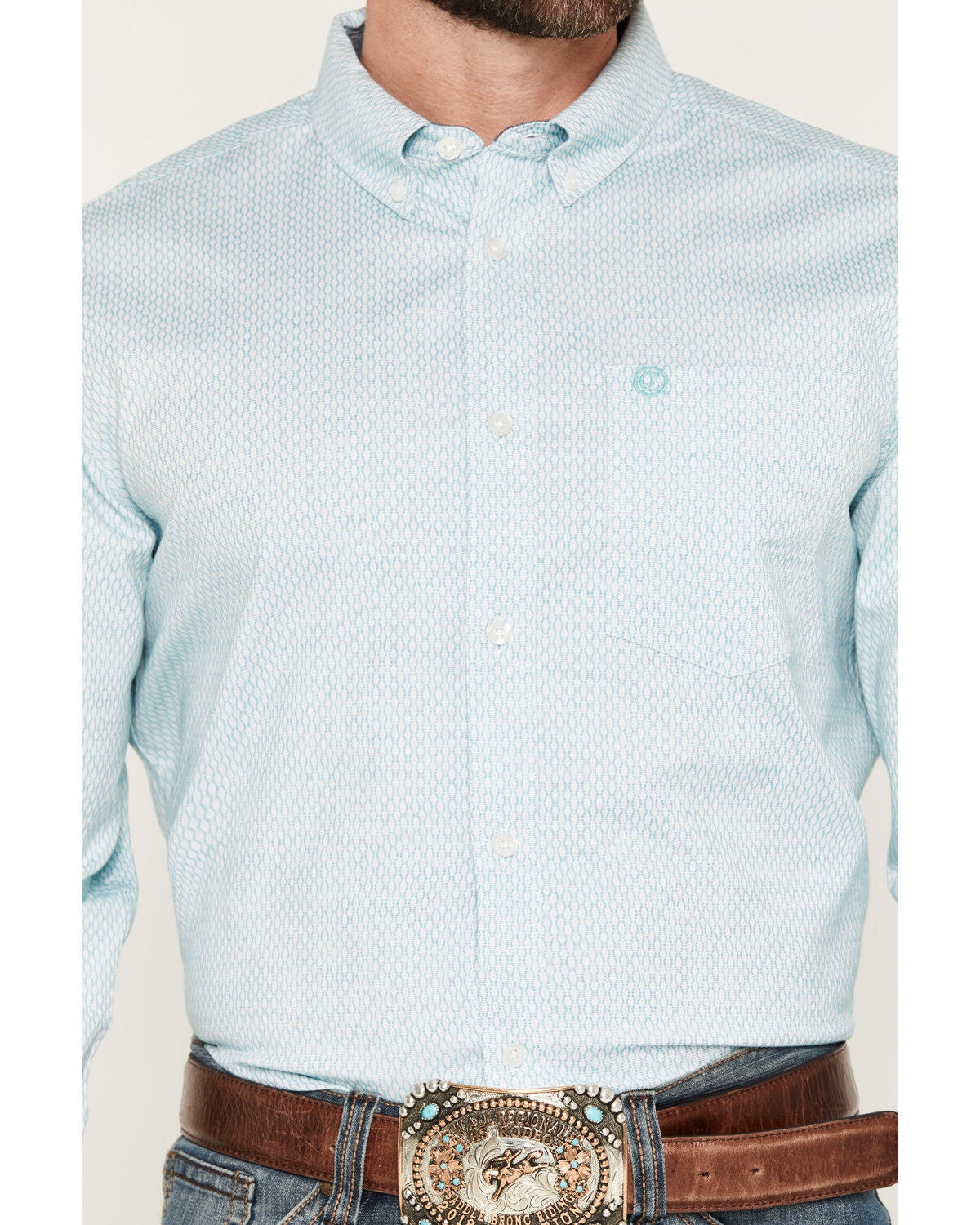 Image #3 - Cody James Men's Trophy Geo Print Long Sleeve Button-Down Stretch Western Shirt, Teal, hi-res
