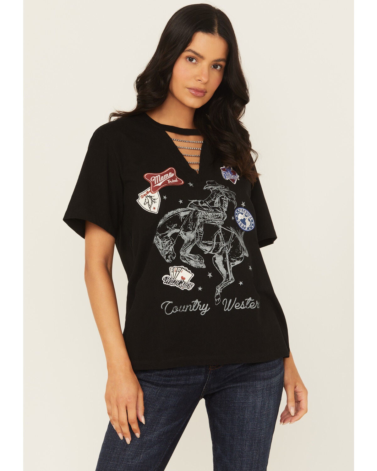 Idyllwind Women's Patch Country And Western Embellished Short Sleeve Graphic Tee, Black, hi-res