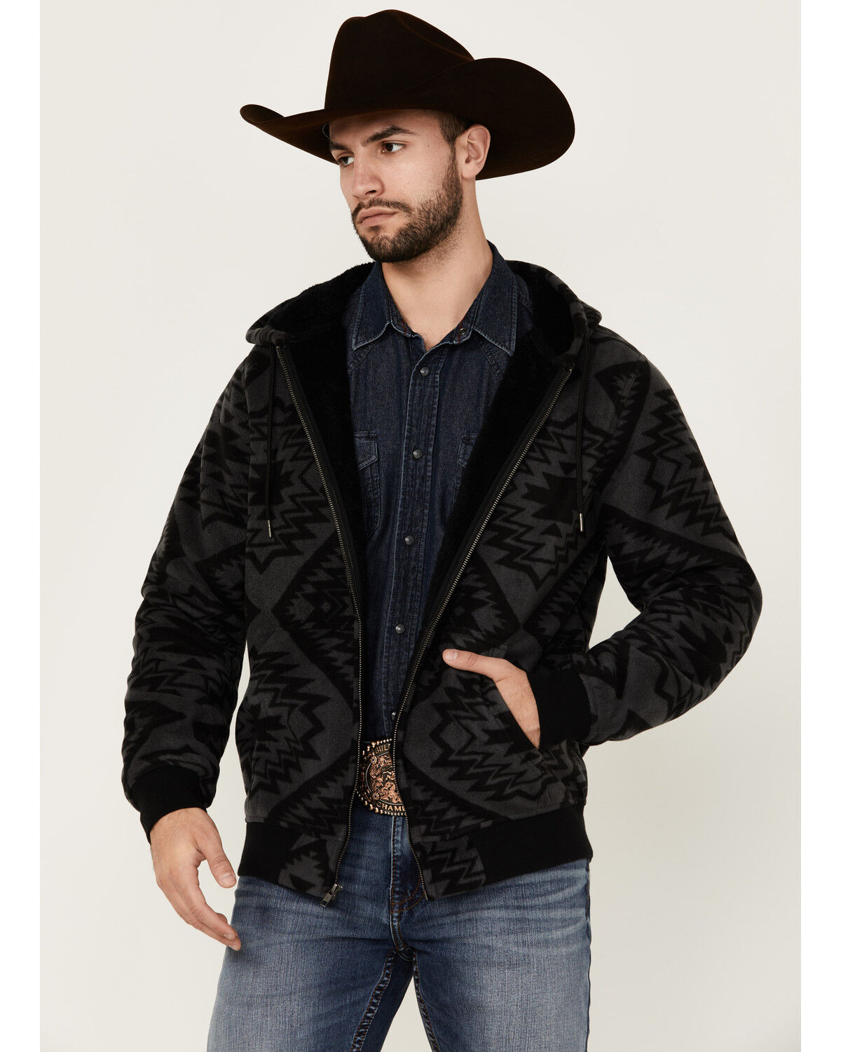 Image #1 - Cody James Men's Basin Southwestern Print Fleece Hooded Jacket, Charcoal, hi-res