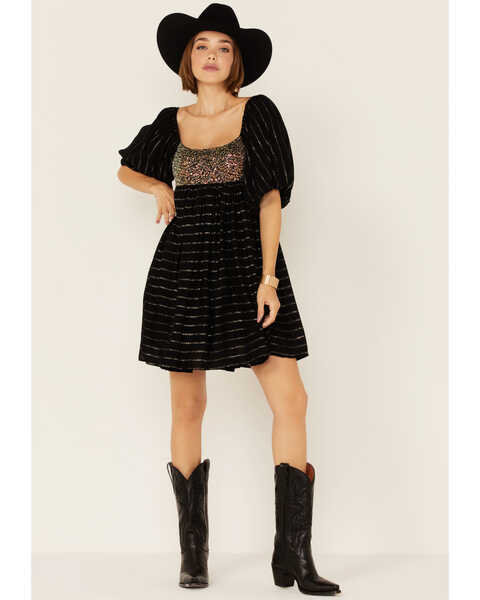 Image #1 - By Together Women's Sequin & Lurex Striped Babydoll Dress, Black, hi-res