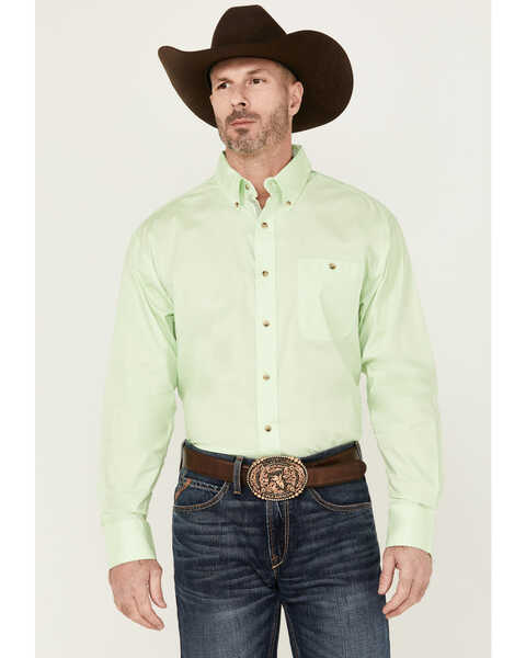 George Strait by Wrangler Men's Solid Long Sleeve Button-Down Stretch Western Shirt - Tall , Light Green, hi-res