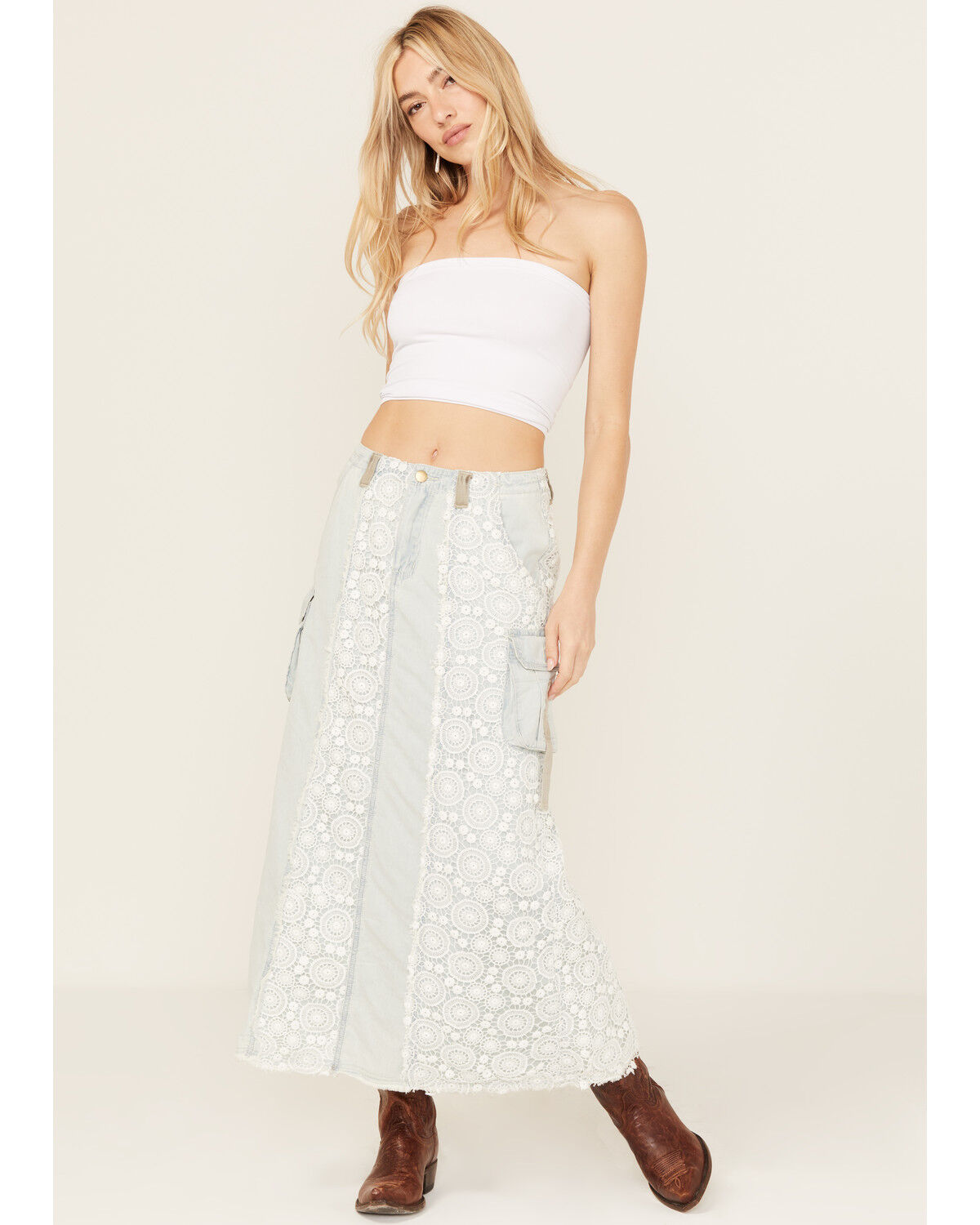 Image #1 - POL Women's Lace Light Wash Denim Midi Skirt, Light Wash, hi-res