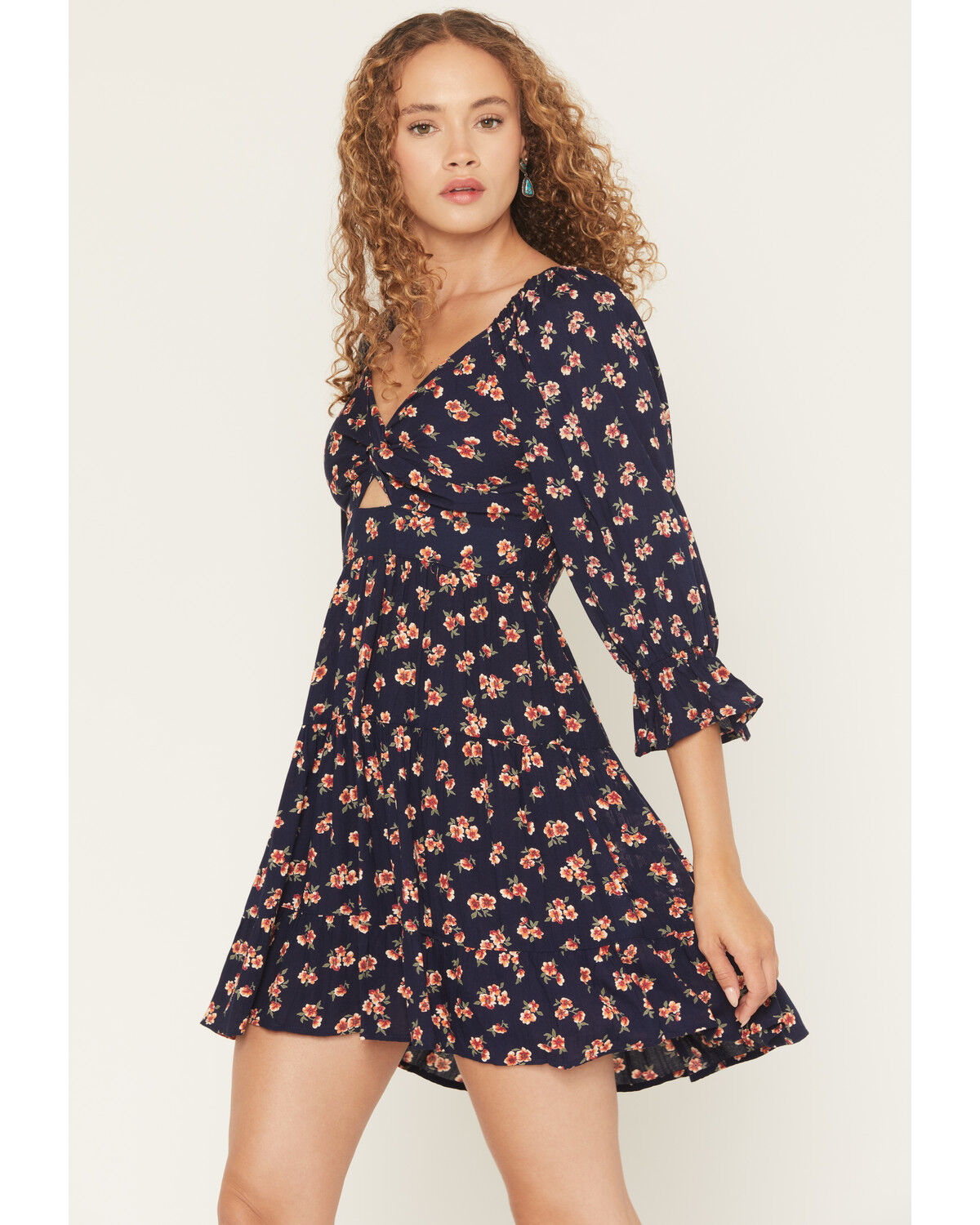 Image #2 - Angie Women's Floral Print Knot Front Mini Dress, Navy, hi-res