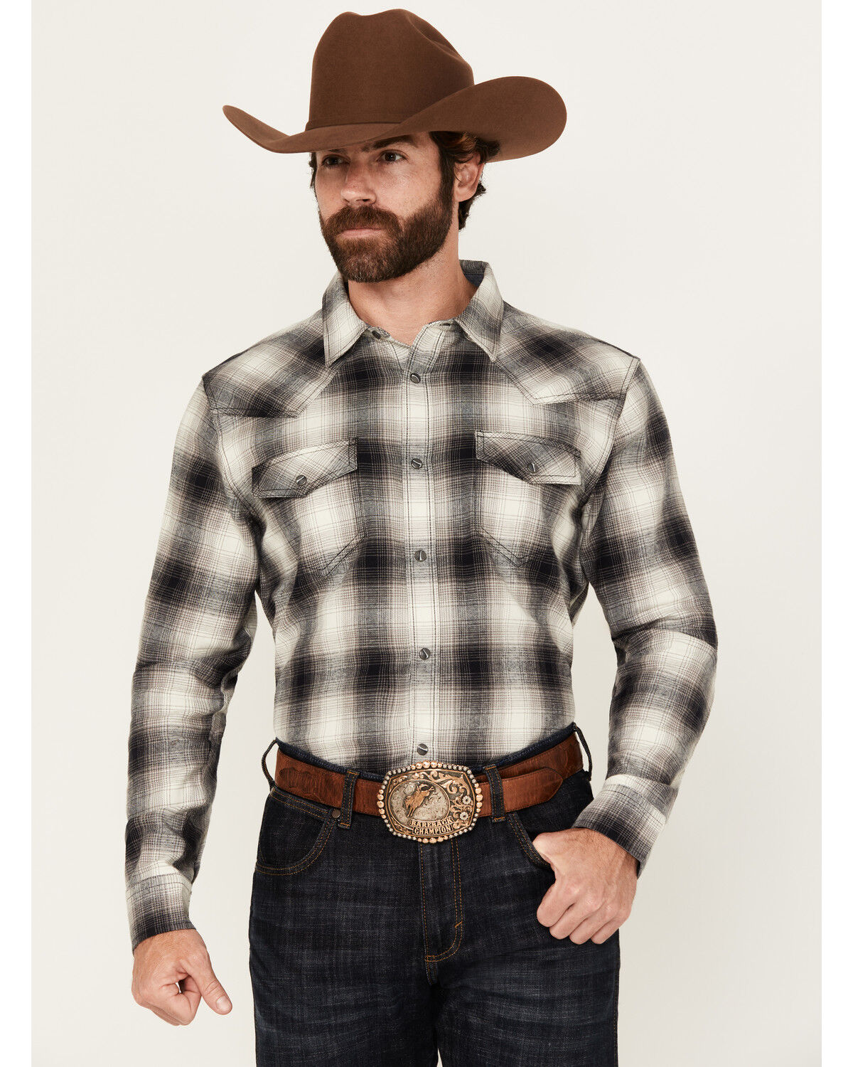 Image #1 - Cody James Men's Concho Plaid Print Long Sleeve Snap Western Shirt, Cream, hi-res