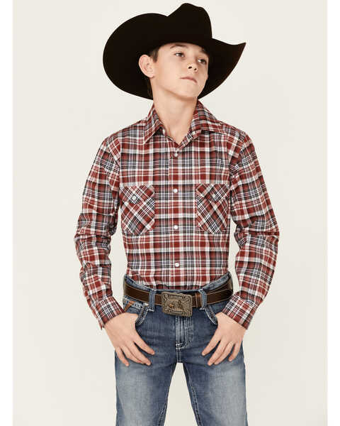 Rough Stock By Panhandle Boys' Maroon & Black Long Sleeve Snap Western Shirt , Maroon, hi-res