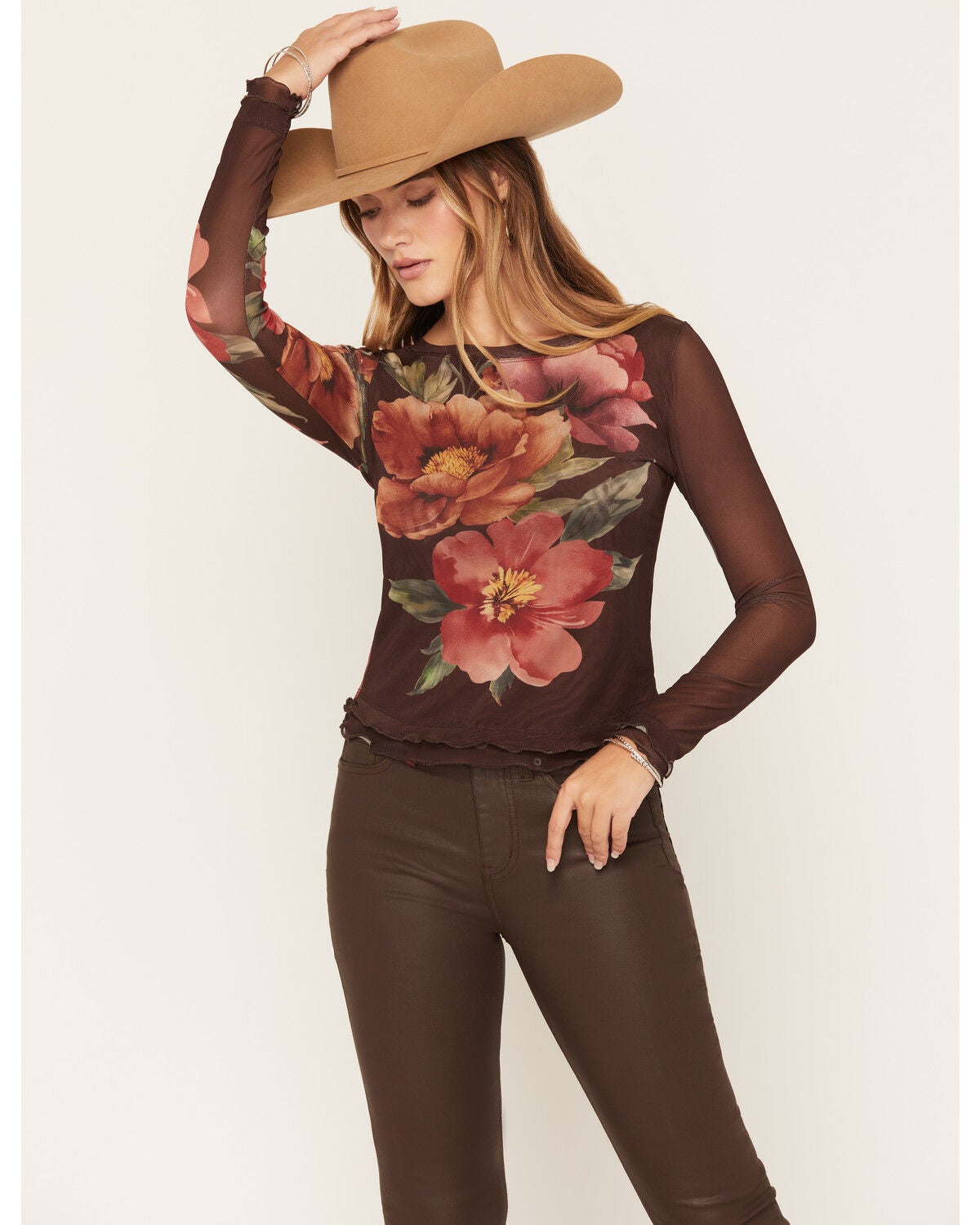 Image #1 - Wild Moss Women's Floral Print Long Sleeve Mesh Top, Brown, hi-res