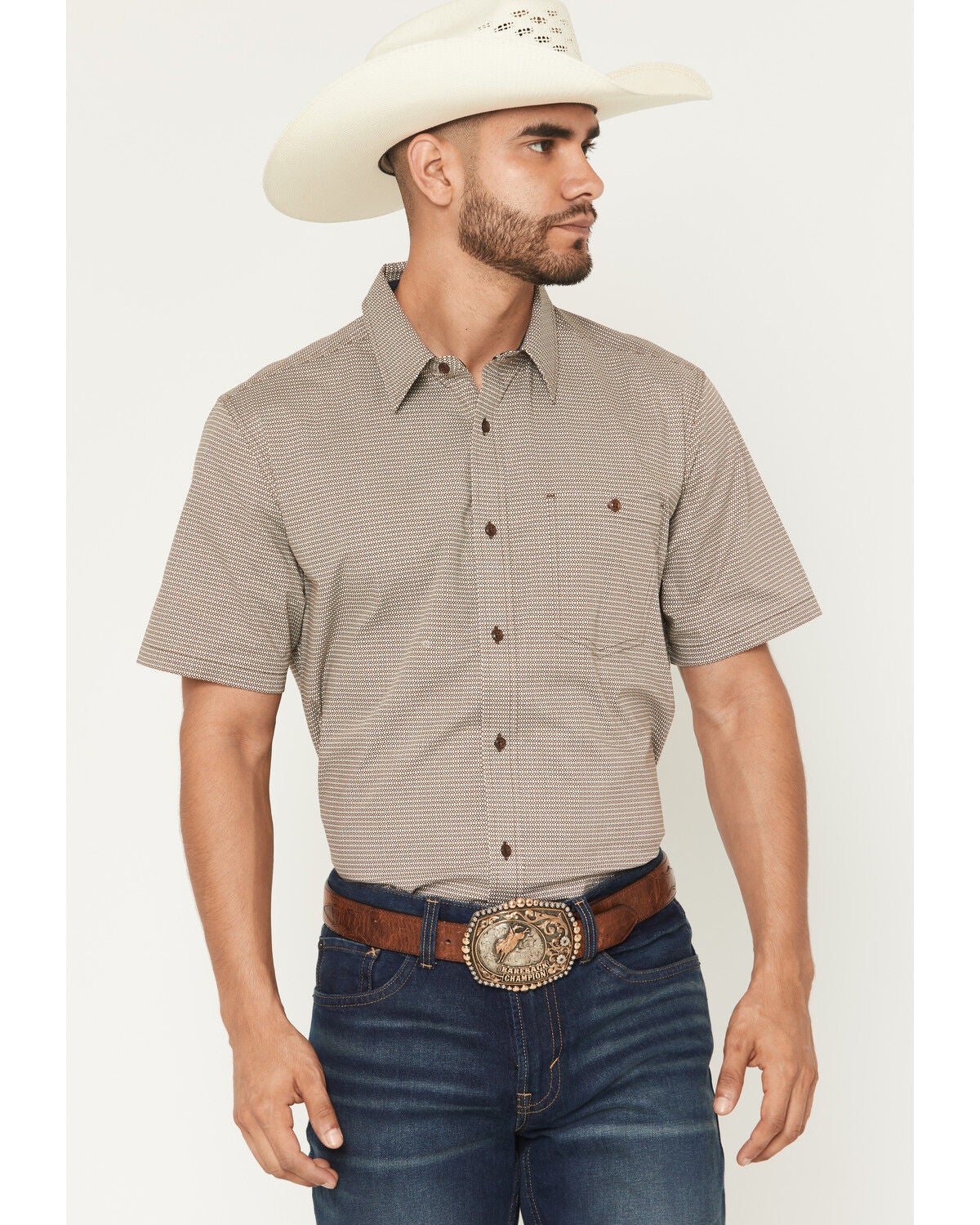 Image #1 - RANK 45&reg; Men's Canyon Echo Micro Geo Print Short Sleeve Button-Down Stretch Western Shirt, Lt Brown, hi-res