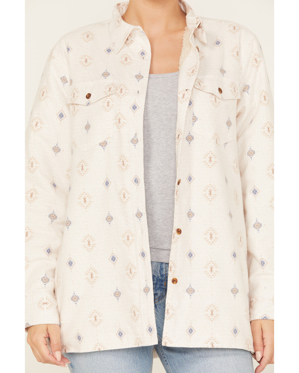 Image #3 - Ely Walker Women's Southwestern Print Sherpa Lined Flannel, Oatmeal, hi-res