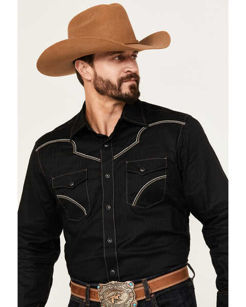 Image #2 - Rock 47 by Wrangler Men's Embroidered Long Sleeve Western Snap Shirt, Black, hi-res