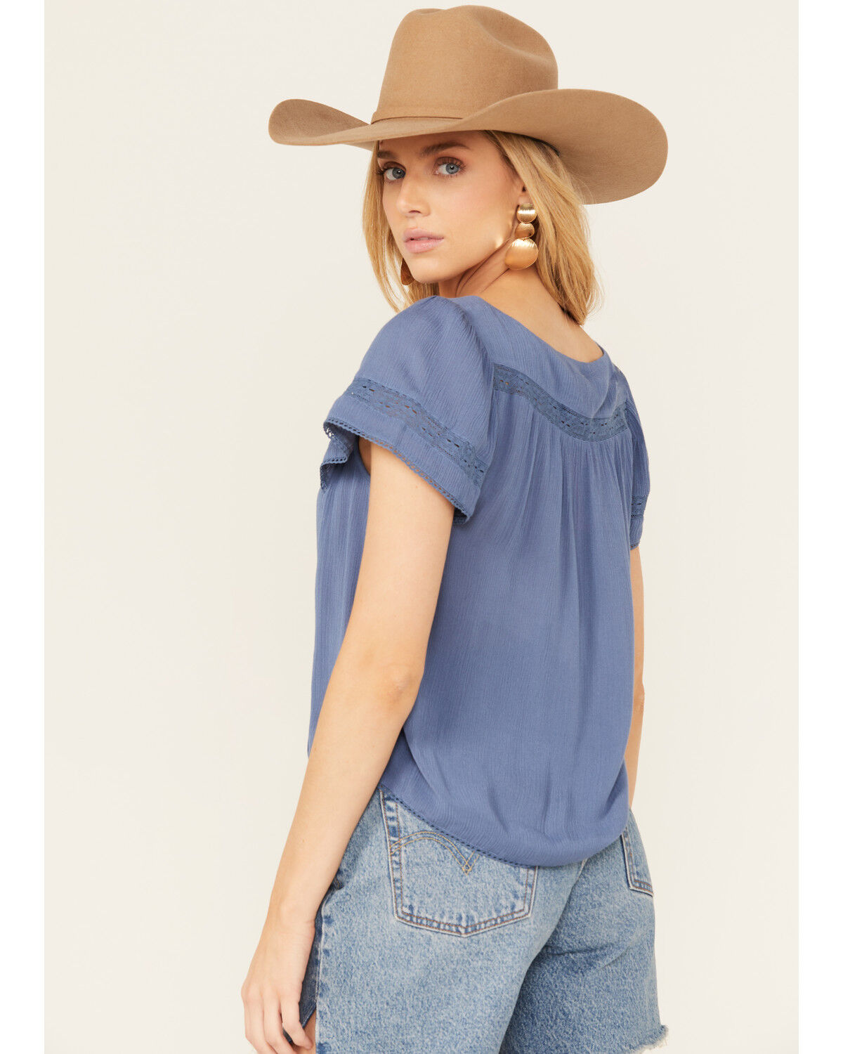 Image #4 - Jolt Women's Peasant Short Sleeve Button-Down Shirt, Navy, hi-res