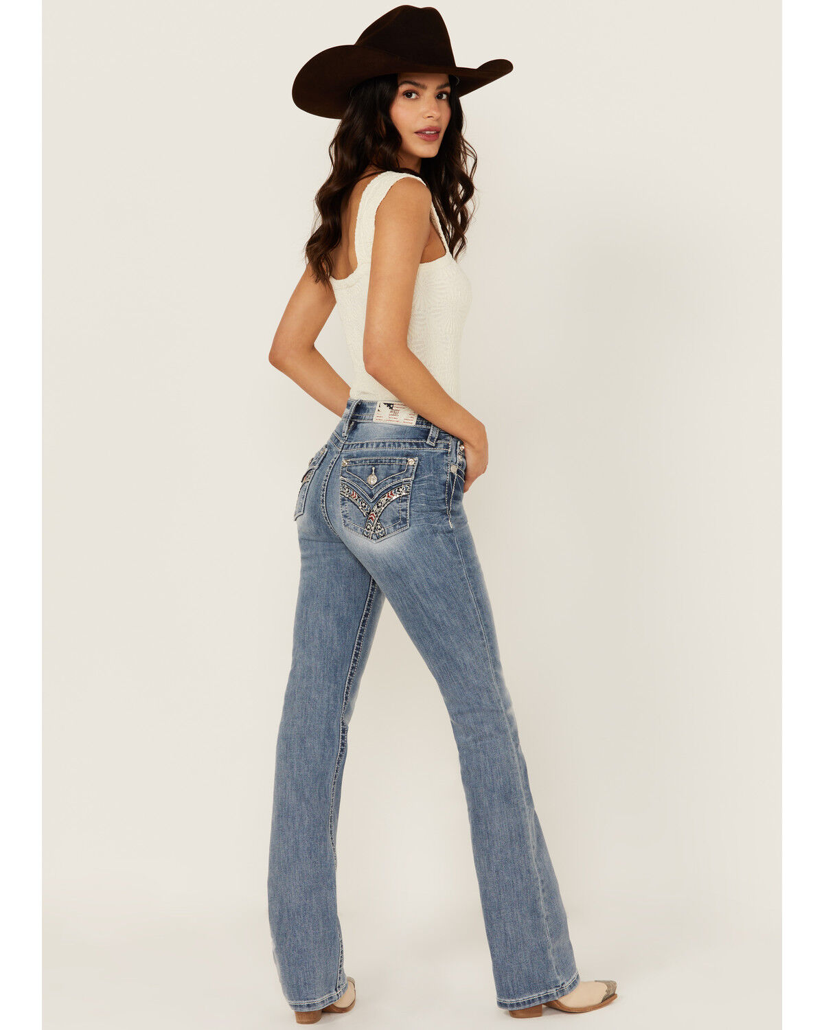 Image #1 - Miss Me Women's Medium Wash Mid Rise Americana Pocket Bootcut Stretch Denim Jeans, Medium Wash, hi-res
