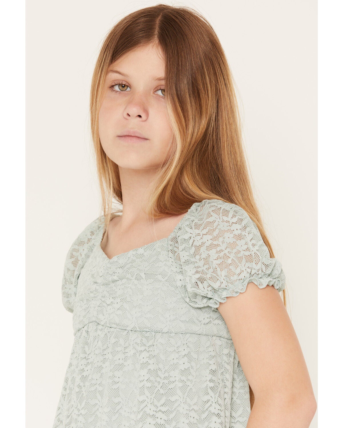 Image #2 - Sugar California Girls' Lace Short Puff Sleeve Shirt, Sage, hi-res
