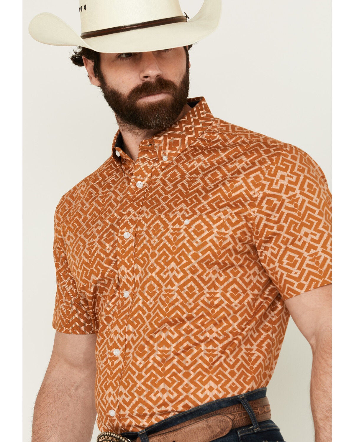 Image #2 - RANK 45&reg; Men's Decker Geo Print Short Sleeve Performance Stretch Button-Down Western Shirt, Gold, hi-res