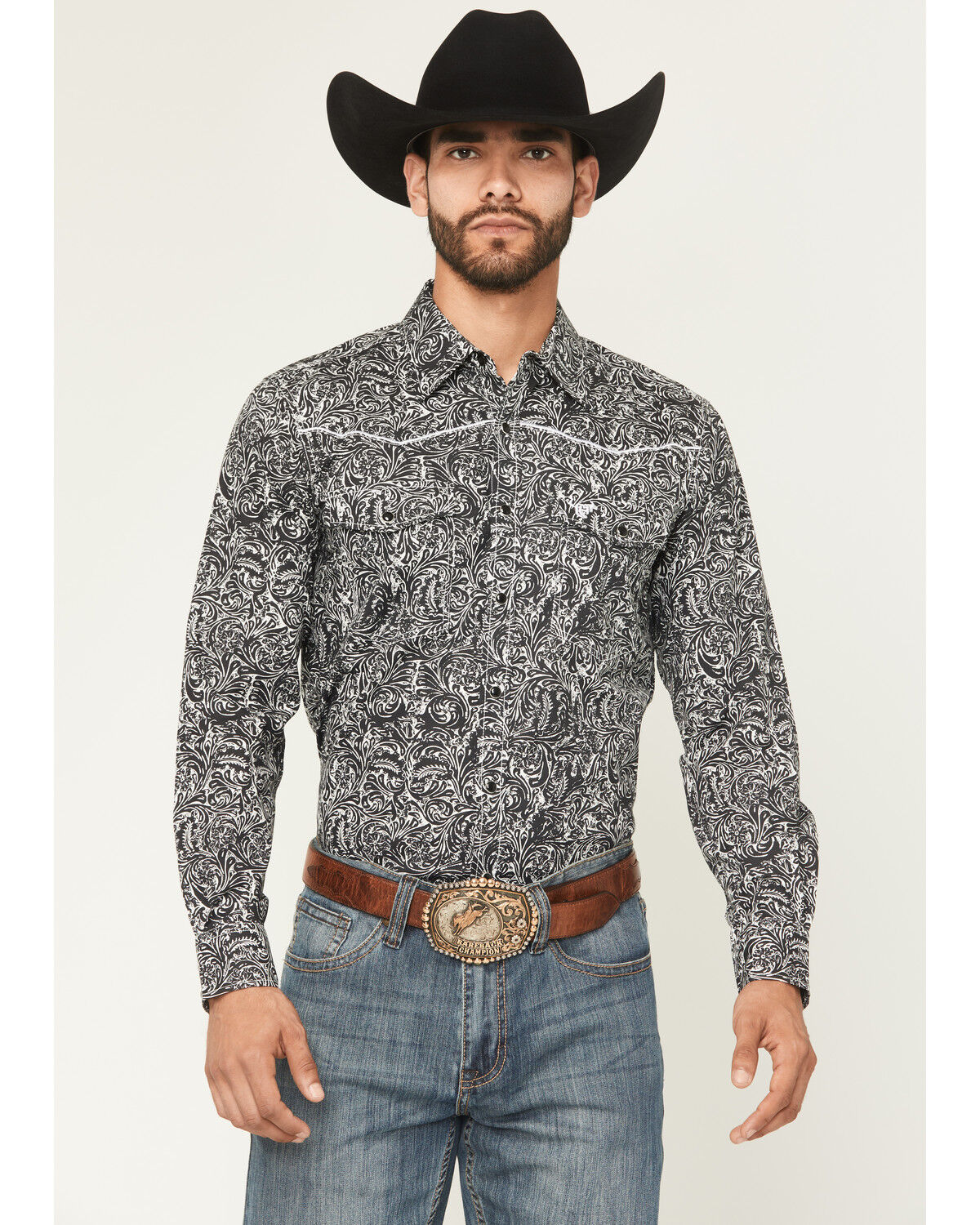 Image #1 - Cowboy Hardware Men's Paisley Print Long Sleeve Snap Stretch Western Shirt, Black, hi-res