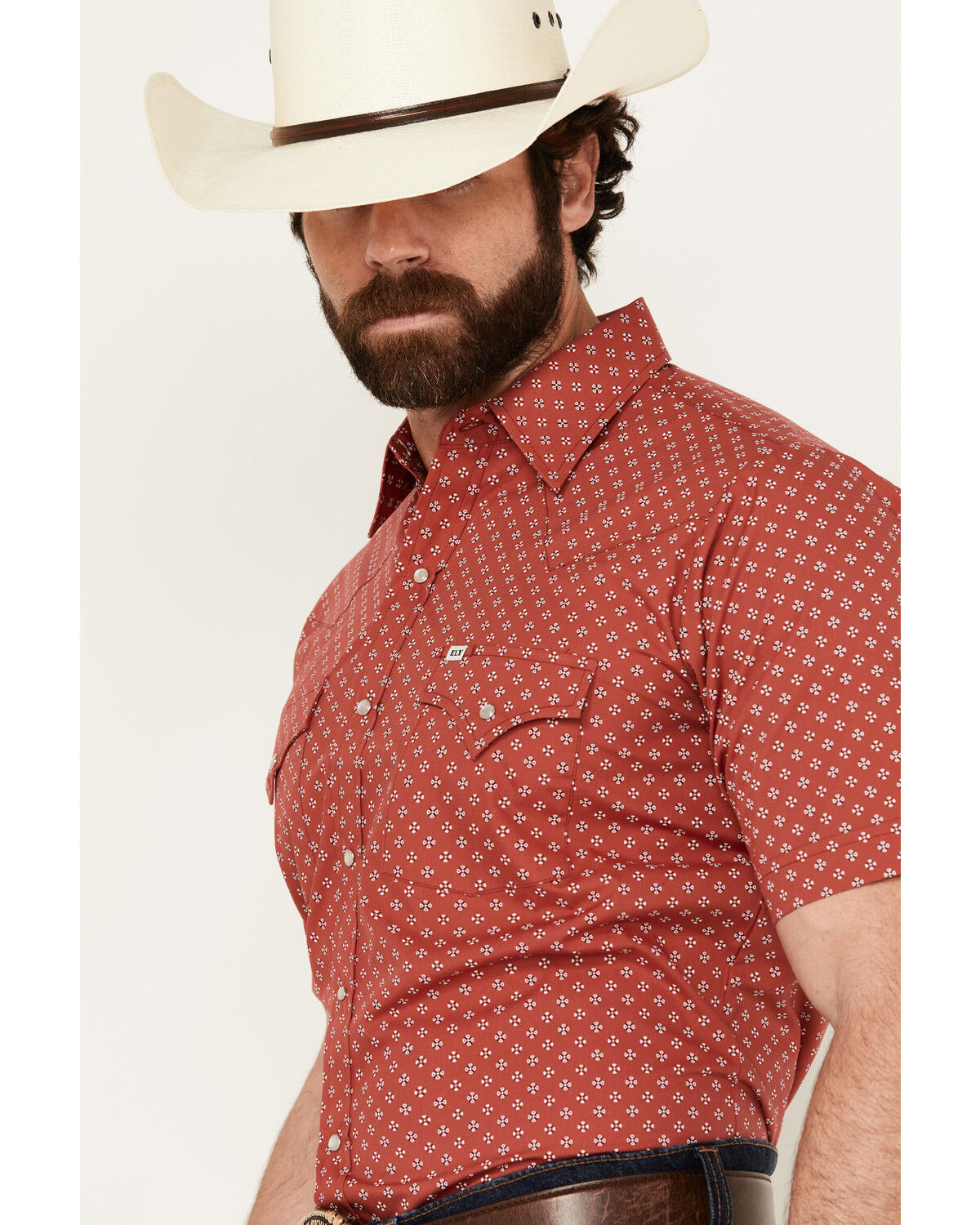 Image #2 - Ely Walker Men's Mini Bandana Geo Print Short Sleeve Snap Western Shirt, Red, hi-res
