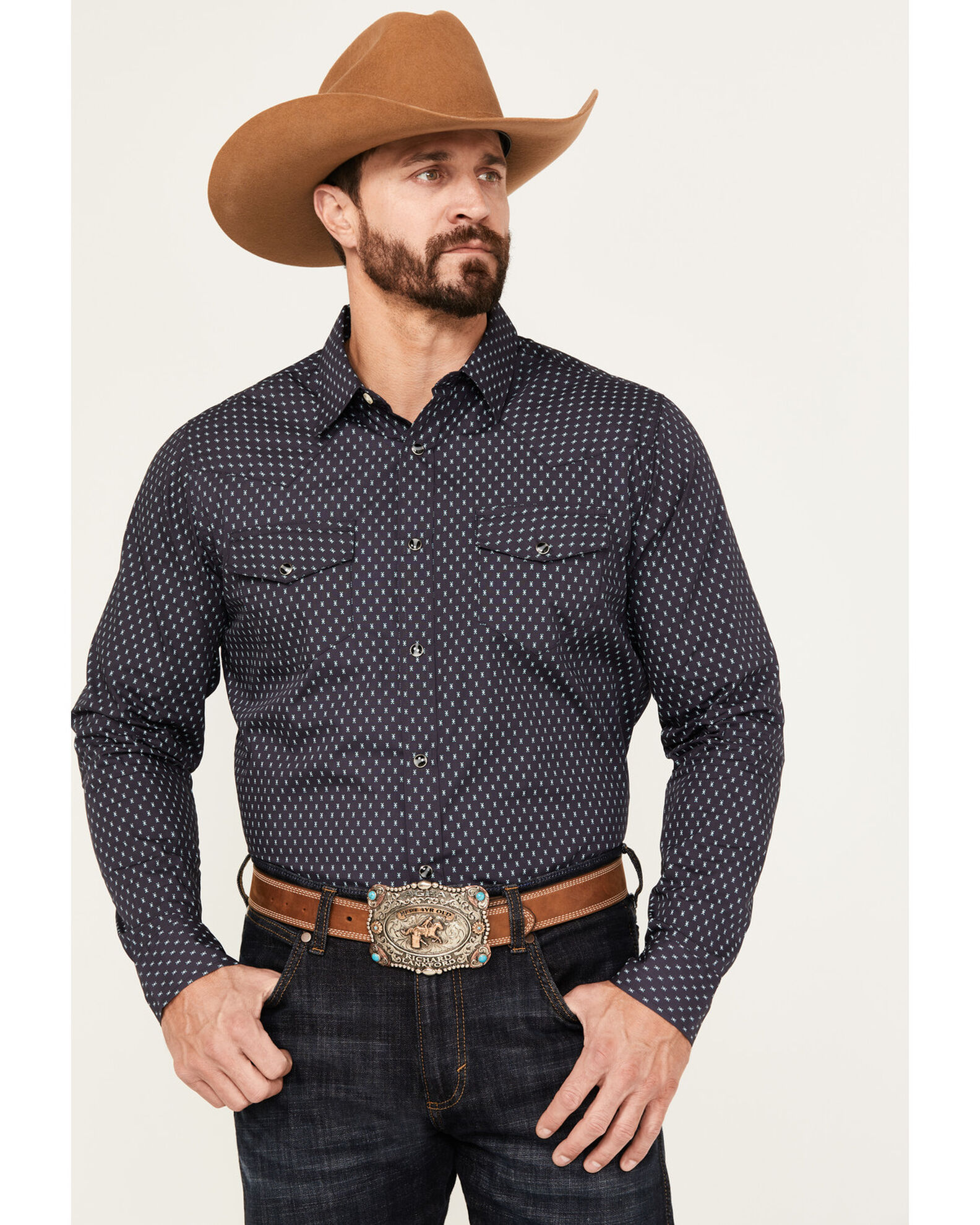 Image #1 - Gibson Trading Co Men's Holden Print Long Sleeve Western Snap Shirt, Navy, hi-res
