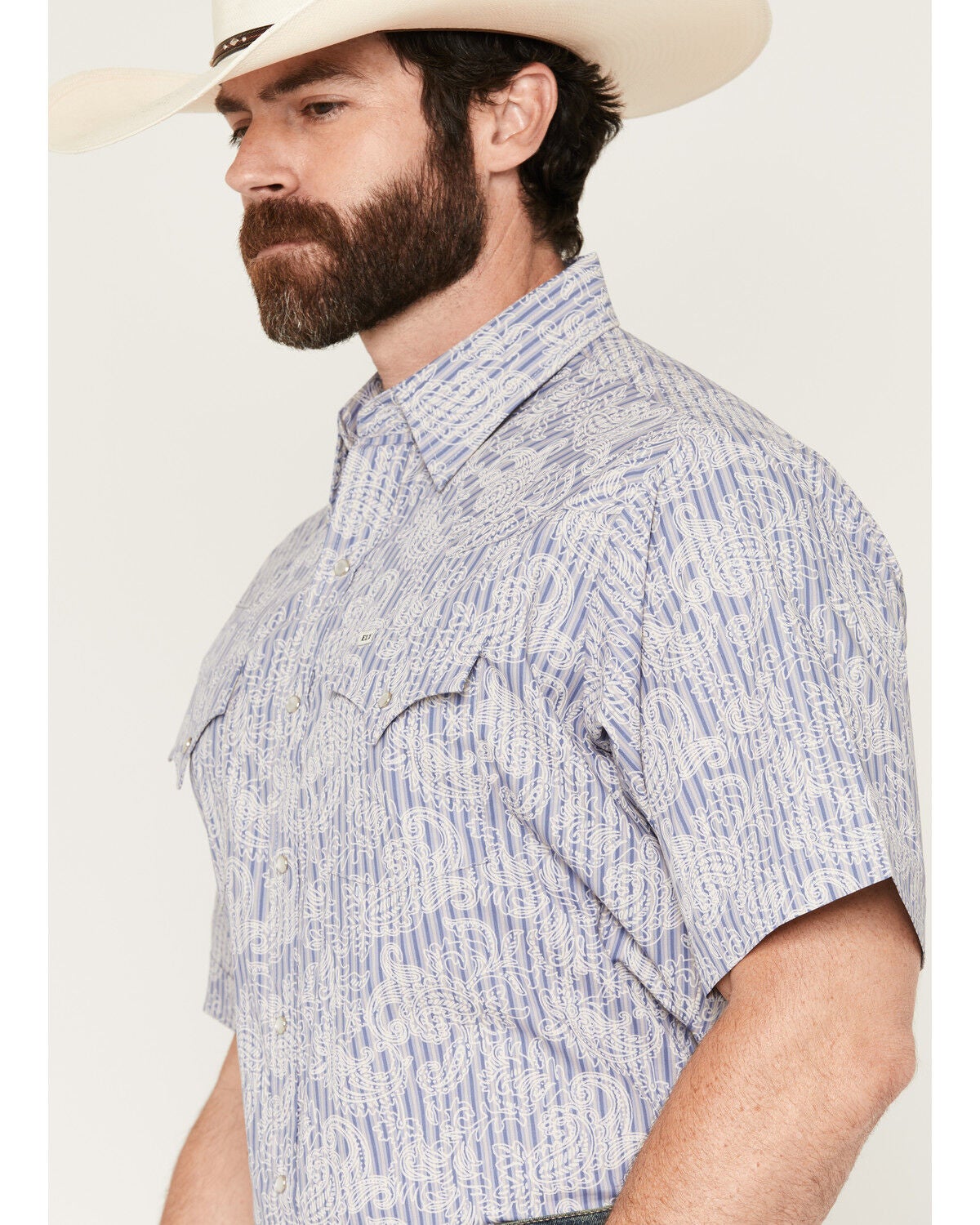 Image #2 - Ely Walker Men's Paisley Print Short Sleeve Snap Western Shirt, Blue, hi-res