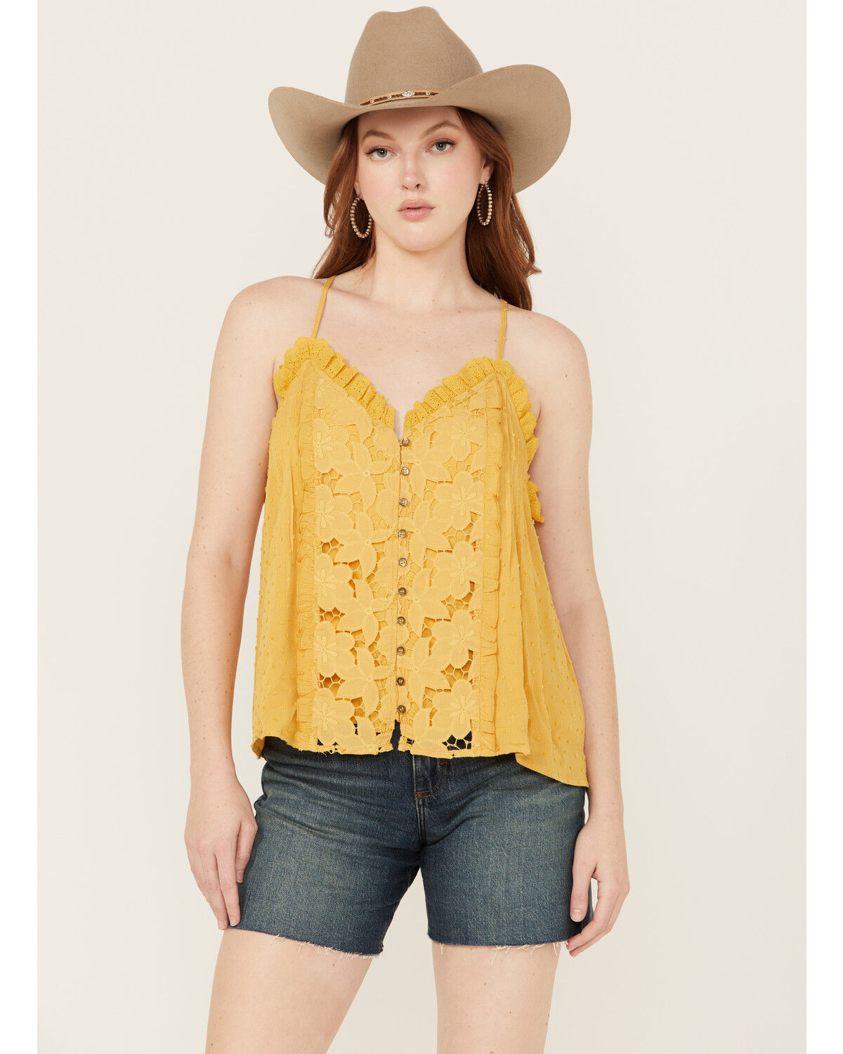 Image #1 - Miss Me Women's Sleeveless Lettuce Hem Tank Top, Yellow, hi-res