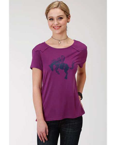 Image #1 - Roper Women's Bucking Bronco Graphic Short Sleeve Tee, Purple, hi-res