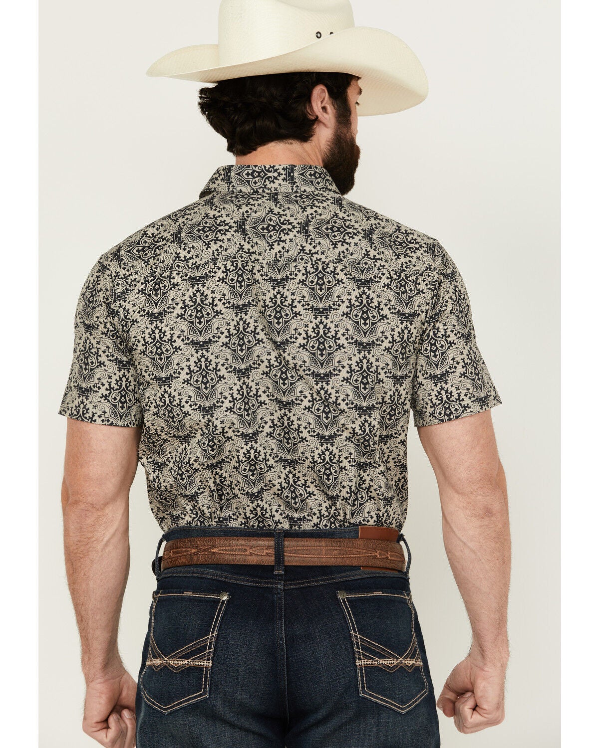Image #4 - Gibson Men's Queen of Spades Medallion Print Short Sleeve Button-Down Western Shirt, Tan, hi-res